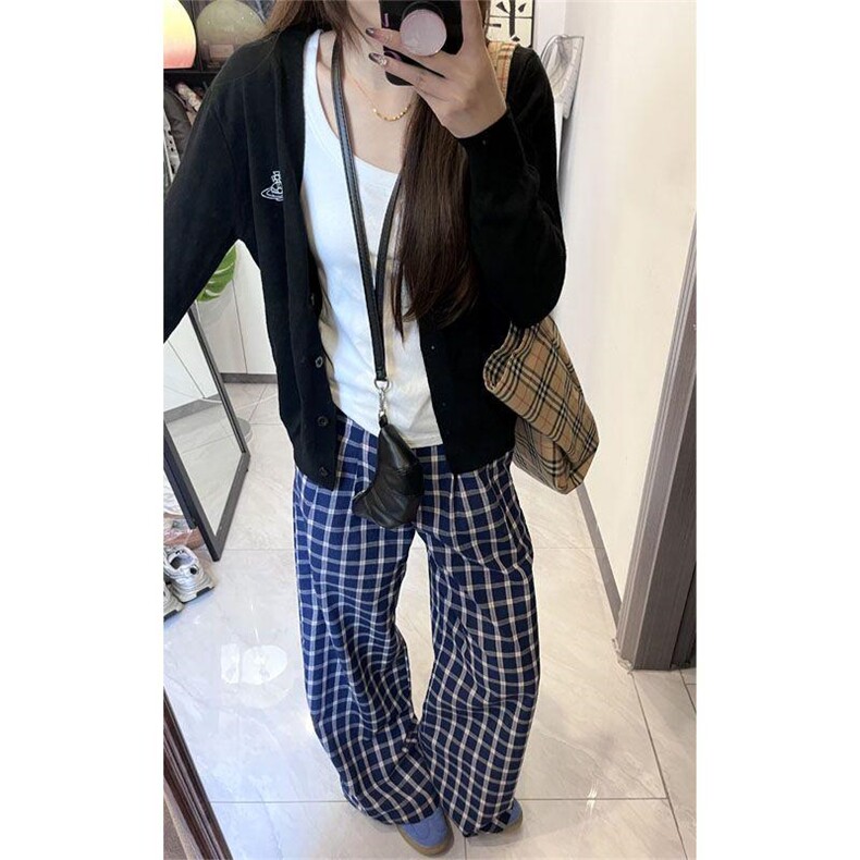 美式高街潮牌男女泡泡格子休闲裤直筒宽松慵懒显瘦阔腿休闲长裤子,男装休闲裤,电商A486