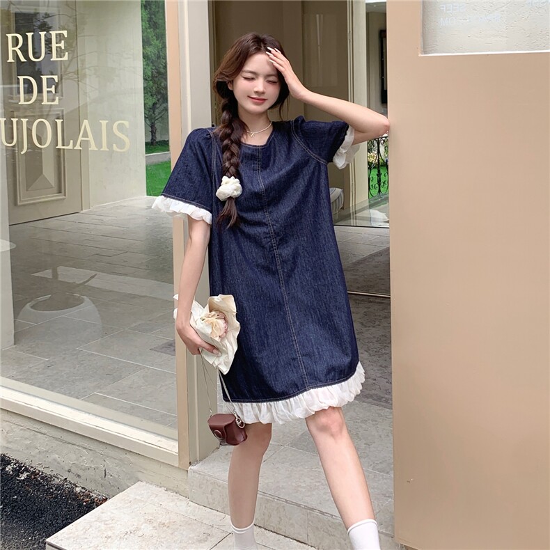 深蓝色木耳边连衣裙女夏新款小个子轻薄学院风减龄休闲显瘦a字裙,女装连衣裙,2C120