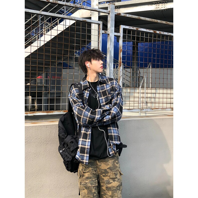 高质荃棉复古男咖蓝撞色格纹格子廓形宽松衬衫 C3023图片