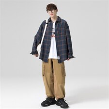 2021秋季新无影墙港风休闲大码男日系宽松格子衬衫C508-P40，男装衬衫，电商A001