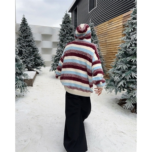 美式条纹连帽毛衣男女秋冬季慵懒风撞色情侣针织衫MY09811-P73图片