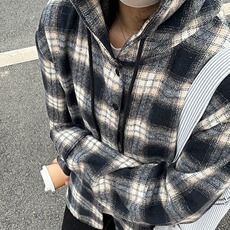 C144-P36磨毛格子连帽上衣男女春秋青少年潮牌格纹长袖衬衫，男装衬衫，电商B323A