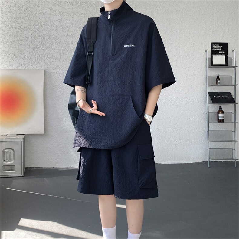 GENIOLAMODE冰丝扎染休闲运动POLO衫套装宽松潮流男士夏季新款图片