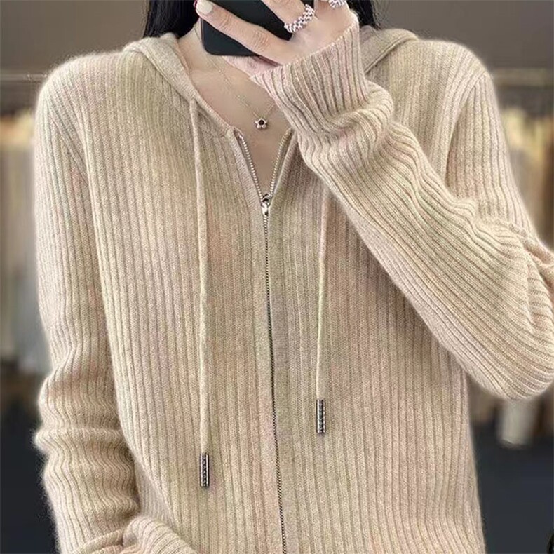 25秋冬新款100%羊毛连帽拉链开衫女羊绒针织宽松百搭坑条上衣外套图片