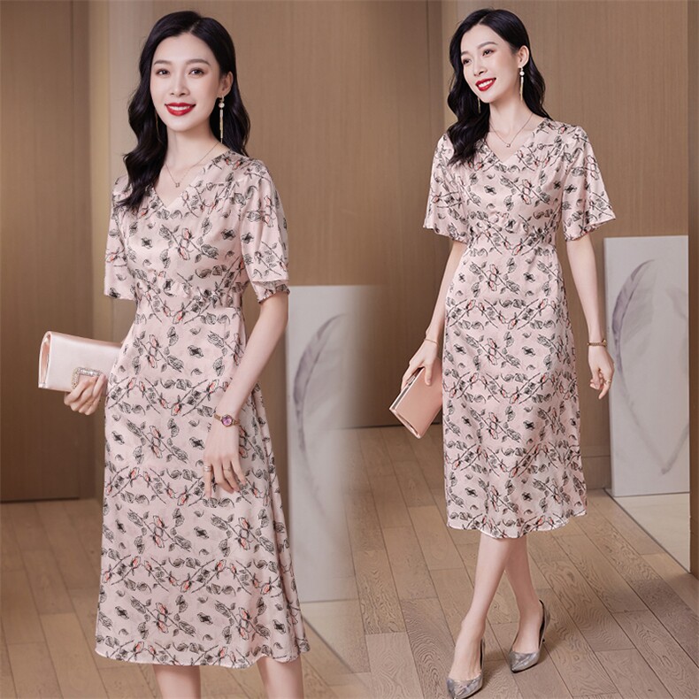时尚v领印花大码真丝连衣裙女夏季高级感杭州重磅缎面真丝裙子,女装连衣裙,阿舍尔精品