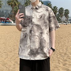 沙滩宽松港风休闲水墨画短袖衬衫男潮装清凉花衬衣7235P35，男装衬衫，电商A056