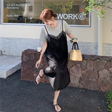 蕾丝拼接假两件连衣裙女2025夏季新款法式轻熟风独特气质鱼尾长裙，女装连衣裙，2C375