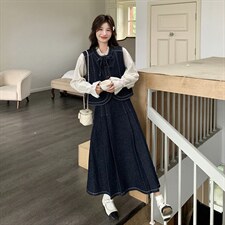 春现明线复古日系牛仔马甲连衣裙套装B190-506-P185-K258，女装套装/套裙，2B190