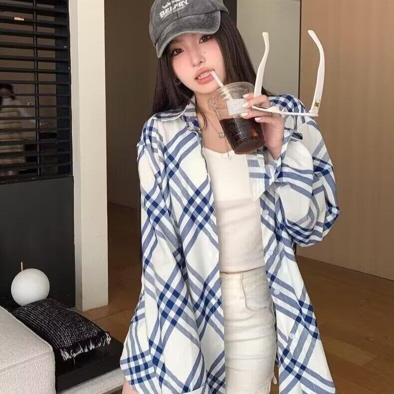 韩版气质拼色蓝白格纹衬衫女春夏宽松百搭新款衬衣超好看上衣外套,男装衬衫,星座1210-1