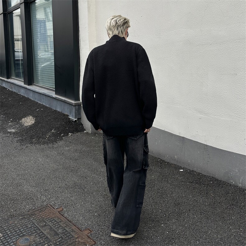 美式不规则纽扣设计感高领毛衣潮流宽松休闲慵懒风针织衫,男装针织衫/毛衣,星座410-6（原星座1304-1）