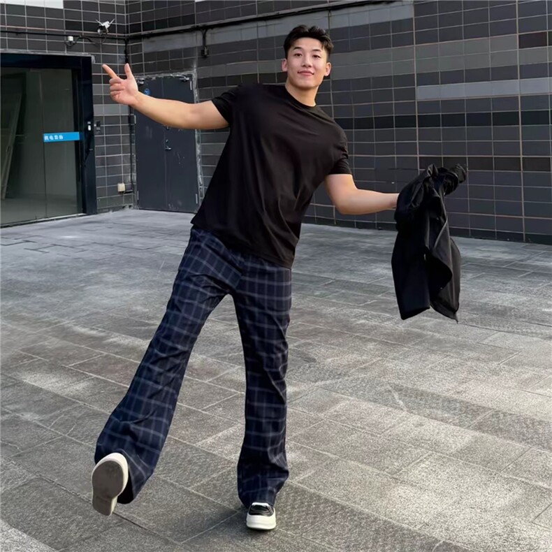 黑蓝色格子裤男女显腿长休闲运动裤美式高街直筒微喇裤,女装休闲裤,四季星座505