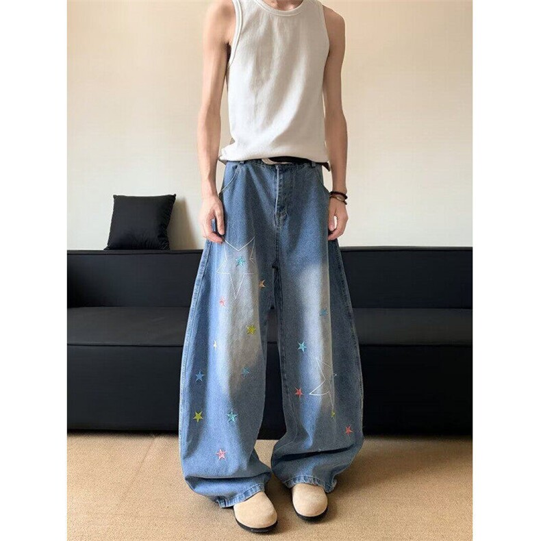 美式涂鸦阔腿牛仔裤女2025夏季新款设计感宽松直筒裤RK2997-P51,男装牛仔裤,星座412-2