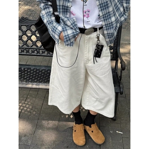 白色牛仔短裤男潮流韩版纯色休闲七分裤直筒宽松百搭阔腿中裤图片