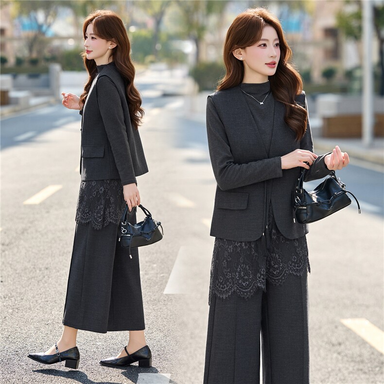 现货主推简洁衣领穿着气质有型可脱卸蕾丝裙摆优雅不显单调四件套，女装套装/套裙，尚娜萱