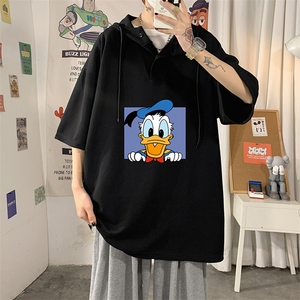 LD54223-P45 唐老鸭连帽短袖t恤男大码胖子带帽五分袖中袖海报风图片