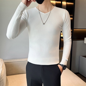 店主风秋冬新款V领套头长袖针织毛衣小伙打底衫301A-1/M55/P45图片