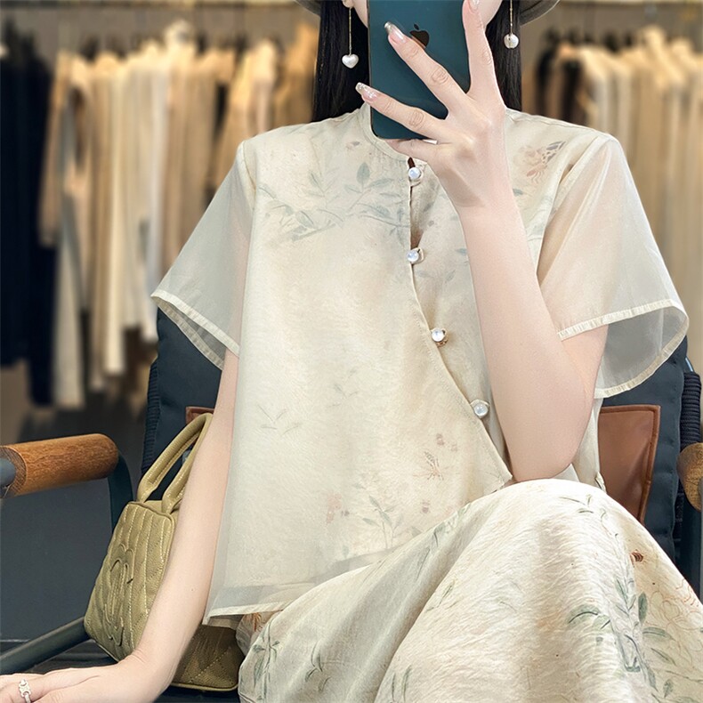 夏季真丝缎面套装女印花宽松两件套中国风时尚半身裙桑蚕丝上衣,女装套装/套裙,佳绒高端店