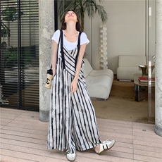 韩系慵懒风条纹背带裤女2025年夏季高级感宽松休闲气质淡人阔腿裤，女装连体裤，2C087