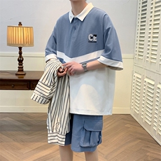 夏上新学生撞色拼接半袖套装翻领刺绣短裤T恤男女6628-P70控价98，男装T恤，电商A441-1
