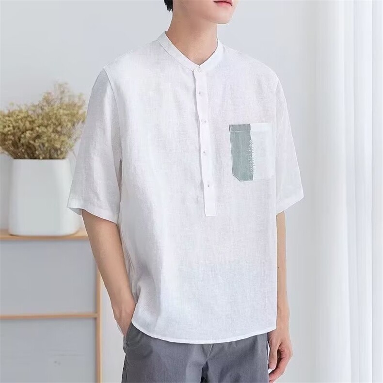 夏季薄款短袖半纽扣衬衫痞帅青年简约帅气欧巴修身男棉麻短袖T恤,男装T恤,星座1210-1