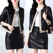 现货主推2022年秋季新款修身显瘦显高拼接皮衣外套女两件套，女装套装/套裙，潮流依族