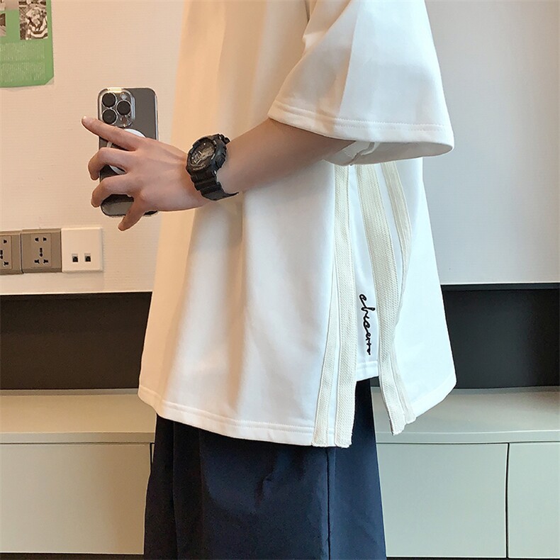 极简潮酷风小众设计T恤侧边条纹宽松开叉设计感上衣HY329P45控68,男装T恤,电商A102B