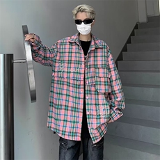 慵懒风格子衬衫长袖宽松休闲可拆卸式长短两穿衬衣1284-P45，男装衬衫，星座910-5