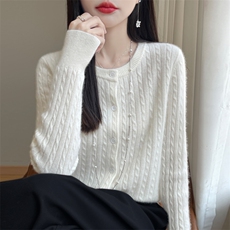 羊毛开衫女2024秋冬新款圆领外穿内搭刺绣针织羊毛衫上衣外套，女装羊毛衫，大美人高端店