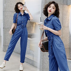 2021夏装新款时尚个性气质翻领修身显瘦牛仔连体裤,女装连体裤,奋斗女王