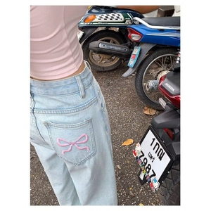 浅蓝色做旧蝴蝶结刺绣牛仔裤女美式高腰直筒设计感宽松阔腿裤图片