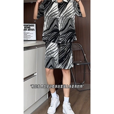 冰丝水墨短裤男短袖衬衫男套装男M-5XL大码TZ78713P50控98模特图，男装牛仔裤，星座226-1