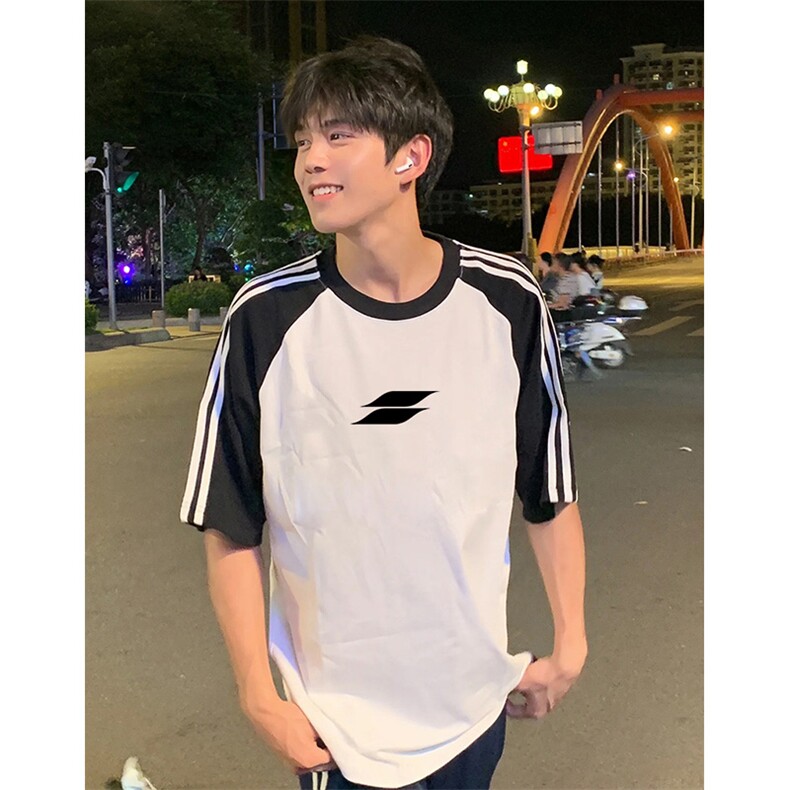 抖音得物品质二开240克宽松纯棉美式潮牌插肩三杠织带短袖T恤，男装T恤，电商A486