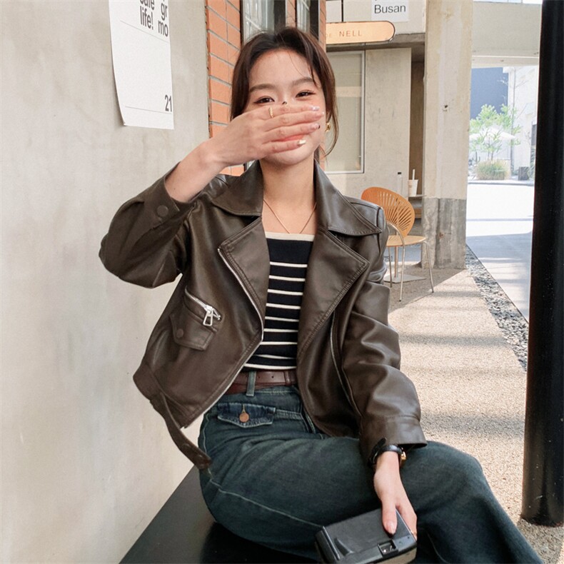 大量现货2024春季女装新款时尚收腰气质短款皮衣外套浙宝013,女装皮衣,莘蕾
