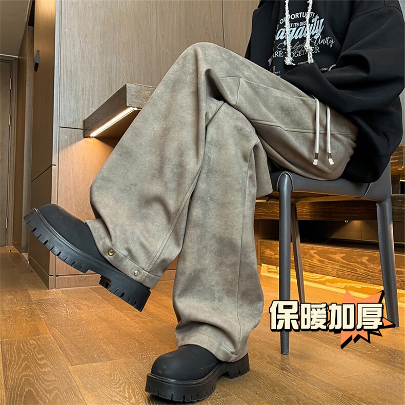 加厚保暖潮牌直筒拖地阔腿裤扎染脏脏布纽扣收脚毛呢裤男7991-P65,男装休闲裤,电商C305A