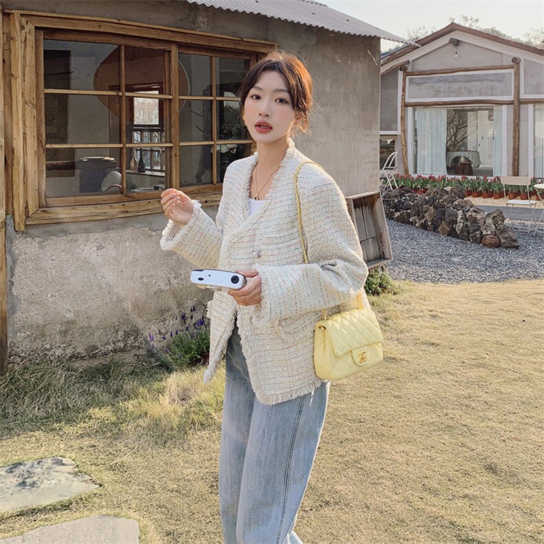 韩系法式白色小香风外套女2024春季新款小个子高级感气质短款上衣图片