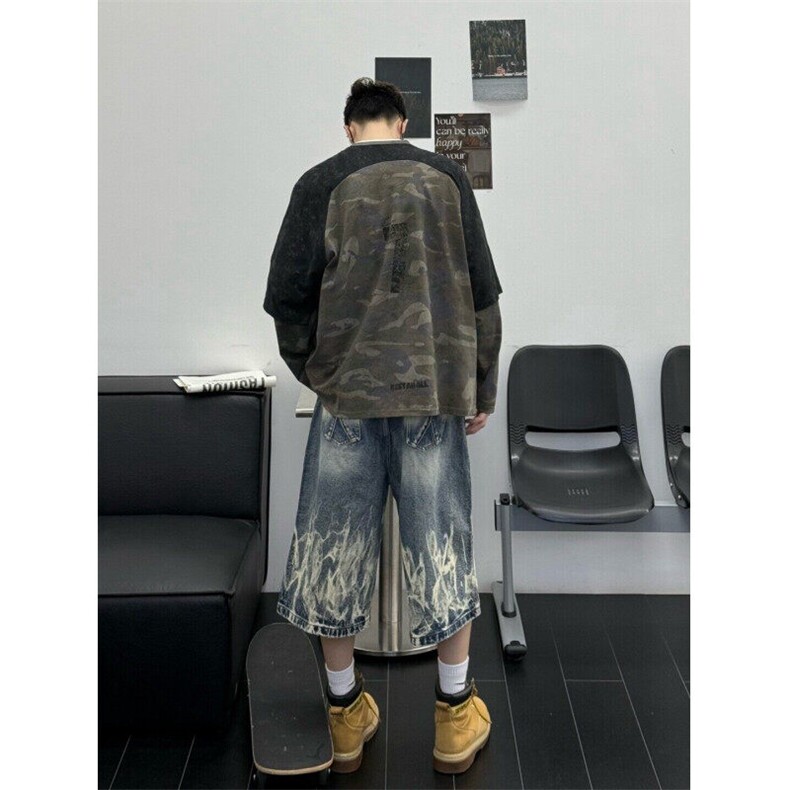 N151-P55美式高街闪电纹扎染牛仔七分短裤夏季休闲中裤阔腿短裤,男装牛仔裤,电商B327