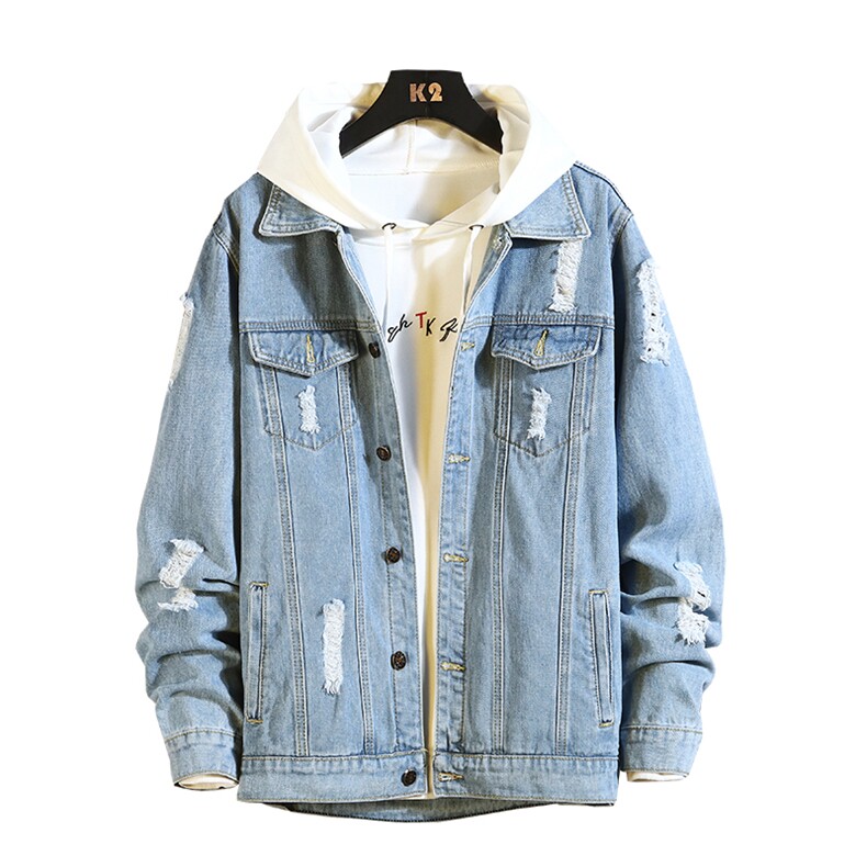 破洞牛仔外套男韩版学生帅气衣服潮流宽松春秋季潮牌夹克8201-P60,男装夹克,电商A318
