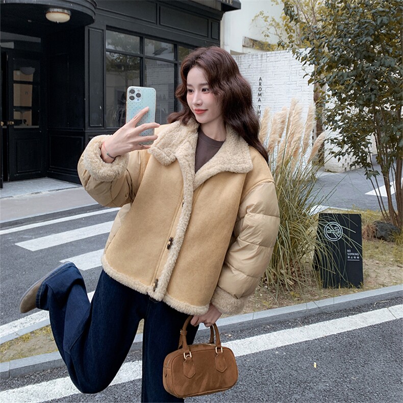 新款有货奶呼呼羊羔毛拼接90羽绒服2C010-2577-P275-K418,女装羽绒服,2C010