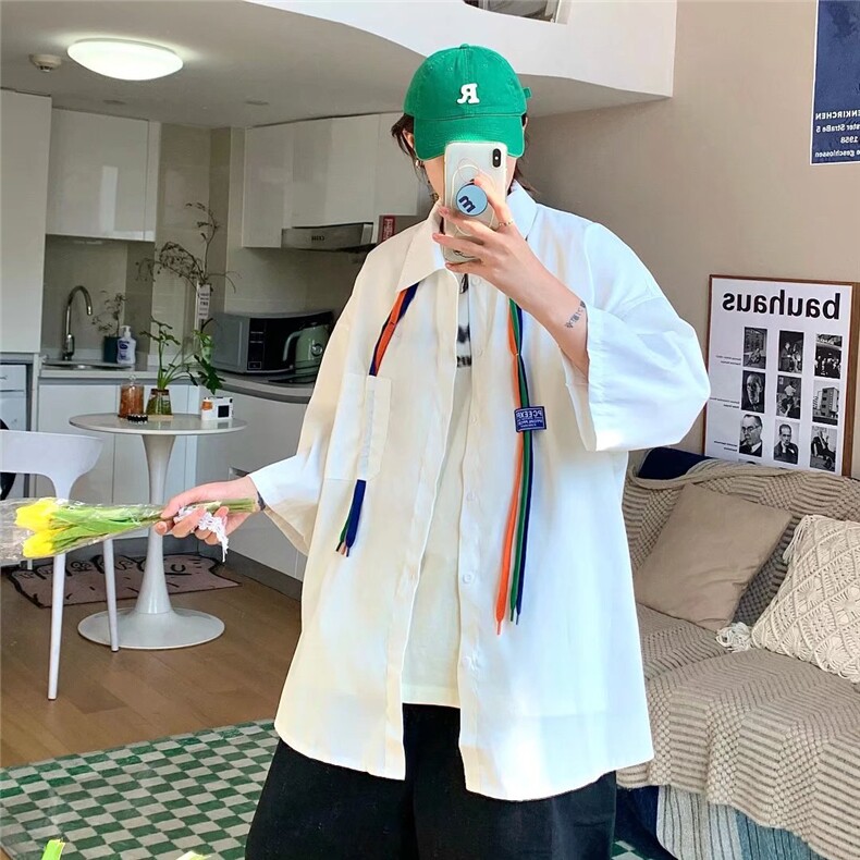 潮流短袖休闲衬衫男士2024夏季外套衬衣痞帅气宽松寸衫W2810-P32,男装衬衫,星座412-2
