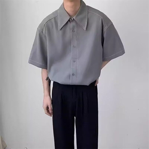 短袖衬衫男夏季宽松休闲半袖美式潮流结构青少年黑色衬衣图片