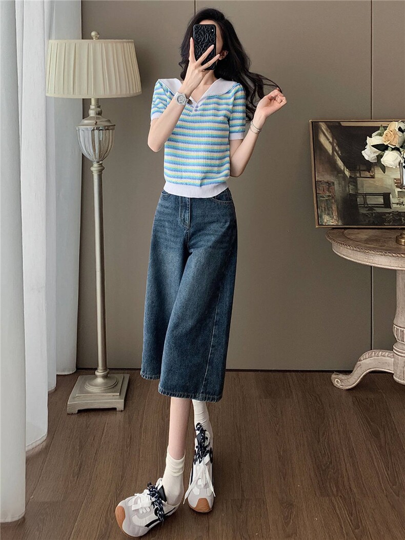 女夏新款时尚套装宽松显瘦娃娃领条纹冰丝短袖上衣牛仔中裤两件套,女装套装/套裙,江南