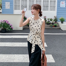 韩版波点系带收腰背心衬衫休闲裤套装女2025年夏季新款显瘦两件套，女装套装/套裙，2C272