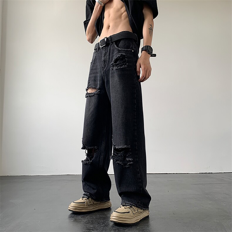 破洞牛仔裤男夏季设计感小众宽松阔腿直筒乞丐裤潮牌潮流vibe裤子,男装牛仔裤,星座410-7