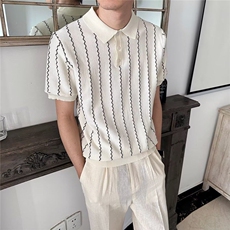 2025夏季新款条纹Polo衫男翻领上衣休闲半袖薄款提花男士针织t恤，男装T恤，星座715-4