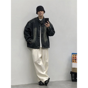 春秋日系复古做旧水洗立领牛仔男潮牌单排扣美式休闲宽松夹克上衣图片