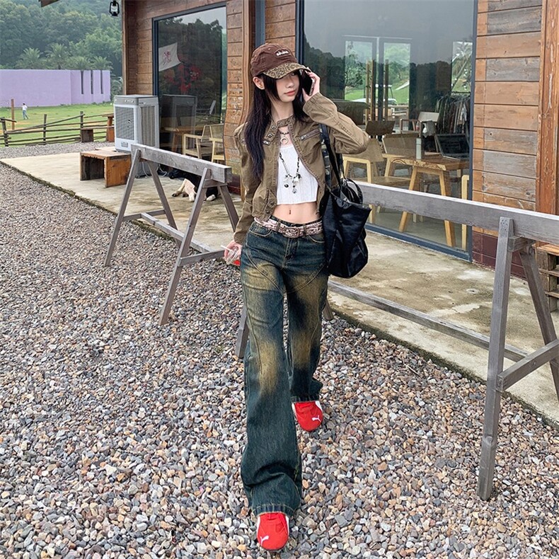 美式复古高腰微喇牛仔裤女2025秋季重工水洗不贴腿宽松显瘦阔腿裤,男装牛仔裤,星座506A