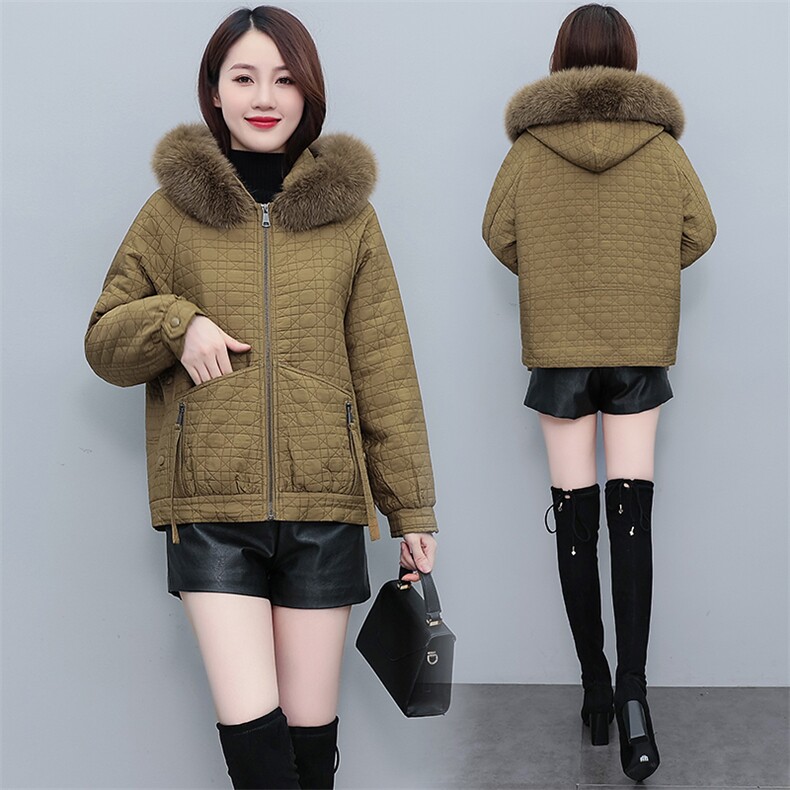 2022冬季新款提花连帽毛领可脱卸休闲派克服棉衣棉服，女装派克服，奕薇雅