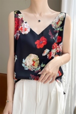 醋酸缎面印花V领吊带背心女夏季新款国风无袖气质内搭百搭上衣潮，女装背心吊带，朝贺羊绒