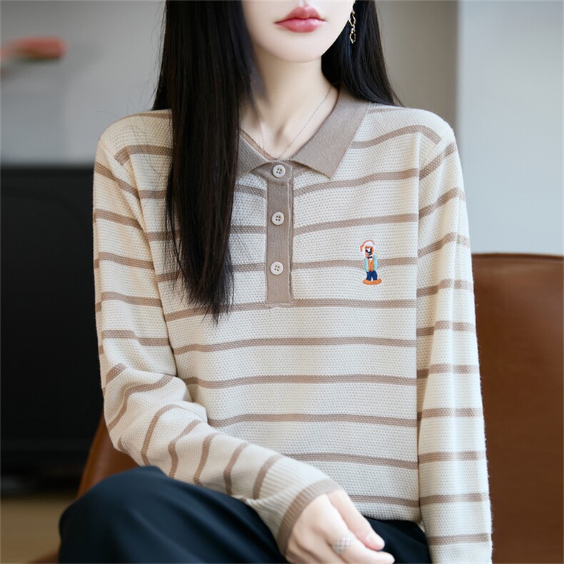 POLO领针织衫女条纹刺绣打底衫2025新款精纺毛衫宽松显瘦翻领毛衣,针织衫/毛衣,郡淞羊绒