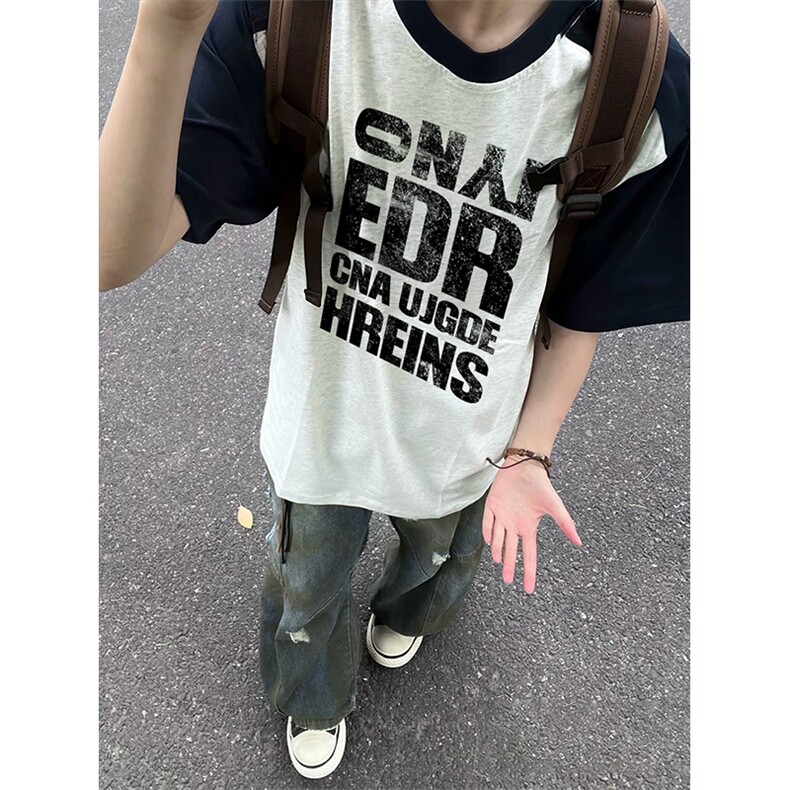 抖音得物高品质二开240克宽松纯棉美式潮牌插肩袖拼接短袖T恤，男装T恤，电商A486-1